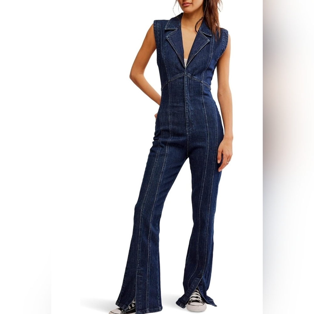 We The Free Dark Indigo Flare Denim Jumpsuit